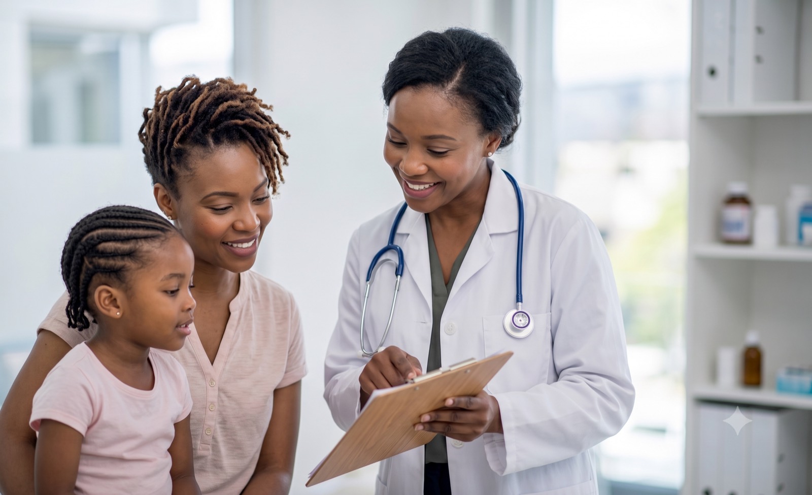 A doctor going through notes with a mother and her young daughter