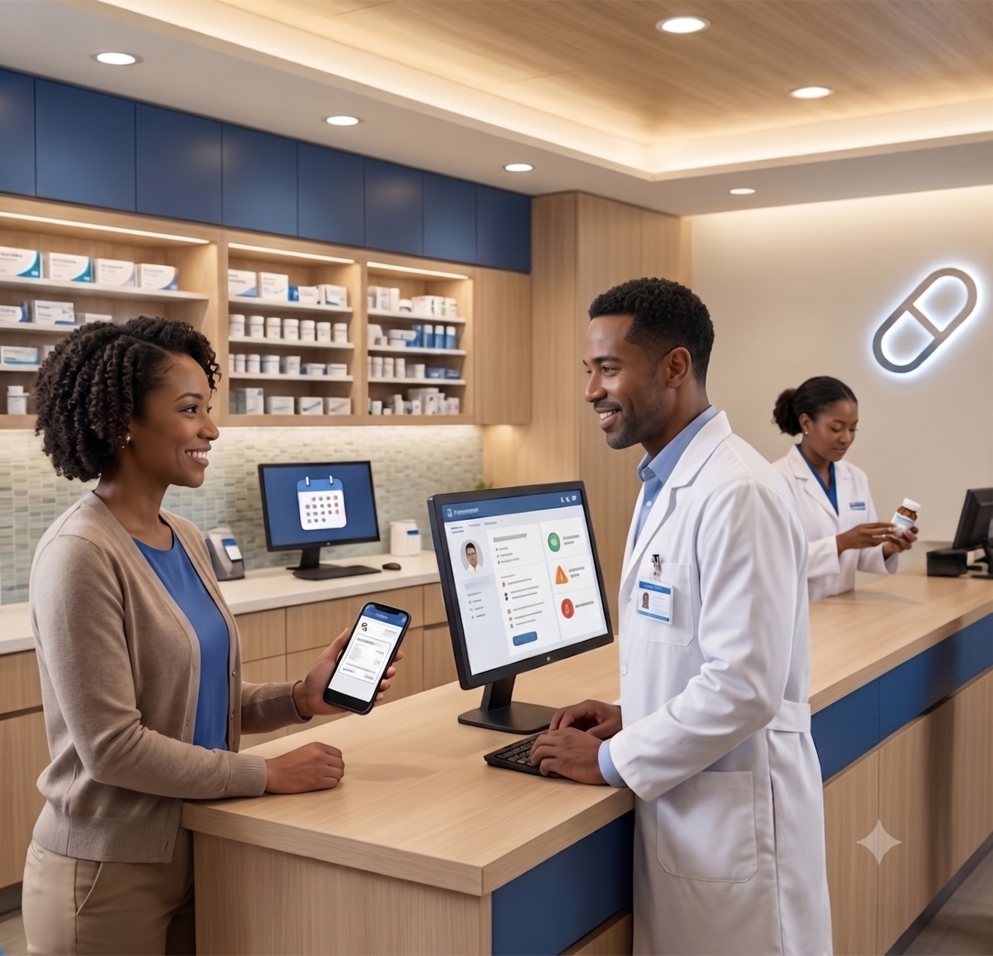 A pharmacist assisting a customer at the Family Health Clinic pharmacy counter