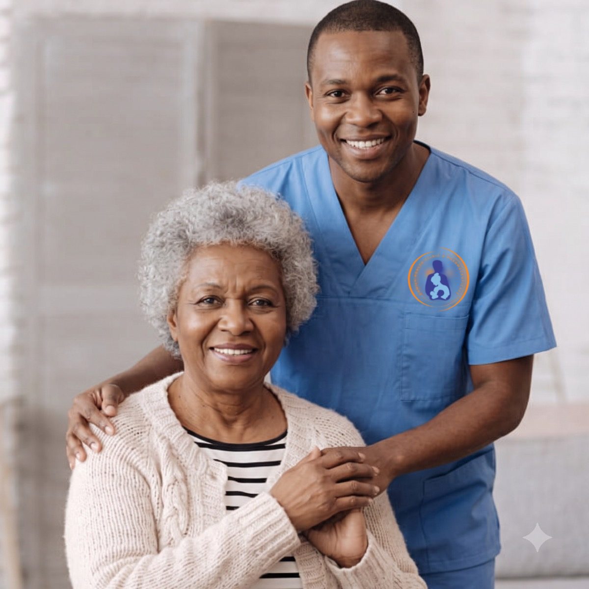 A nurse in Family Health Clinic scrubs standing with a smiling older patient
